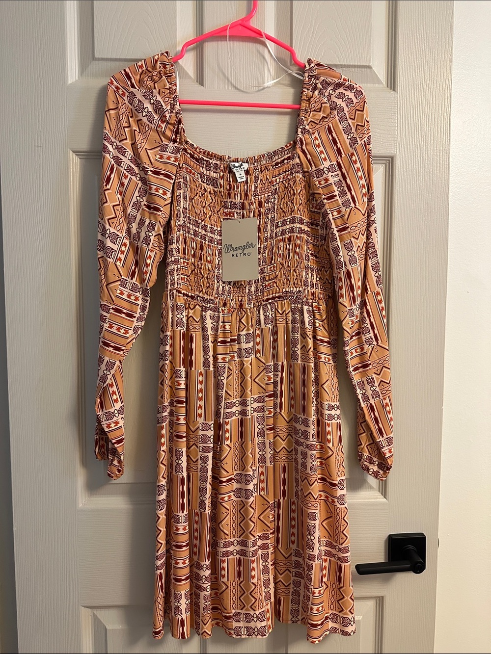 Wrangler Women's Tan Patterned Smocked Midi Dress